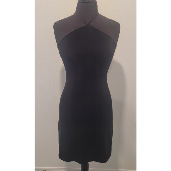 VTG 80s City Triangles Black Halter Mini Dress S/M Criss Cross Back USA GOTH GUC - Picture 1 of 11